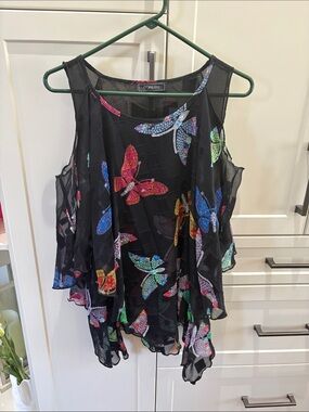 MinKas Black Chiffon Butterfly Ruffle Cold-Shoulder Top